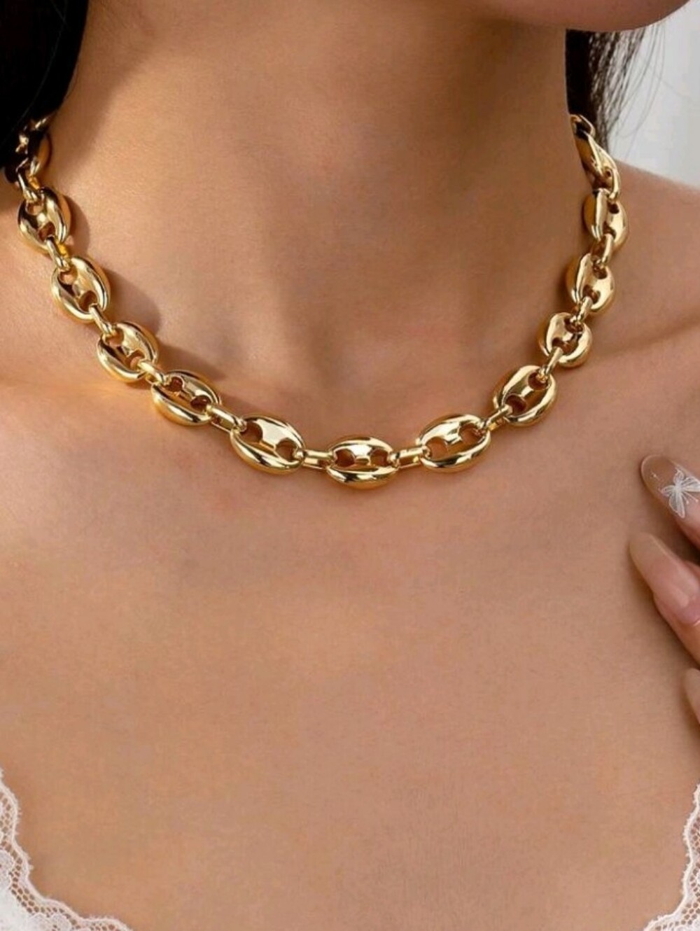 NEW! 18K Gold Plated Minimalist Chunky Coffee Bean Link Choker Necklace
